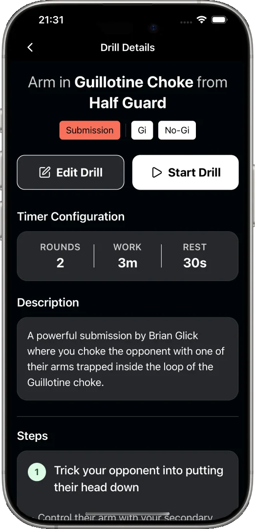 DrillBuddy drills library screen showing available BJJ drills